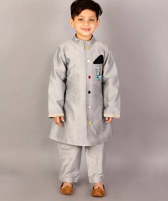 Grey printed cotton silk Boy's Sherwani Set 1
