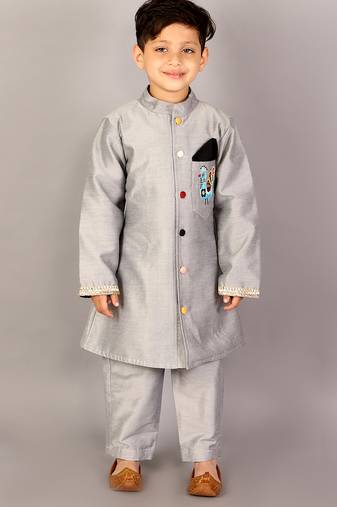 Grey printed cotton silk sherwani set