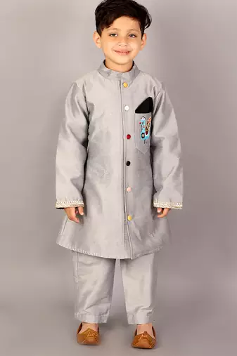 Grey printed cotton silk sherwani set