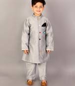 Grey printed cotton silk sherwani set