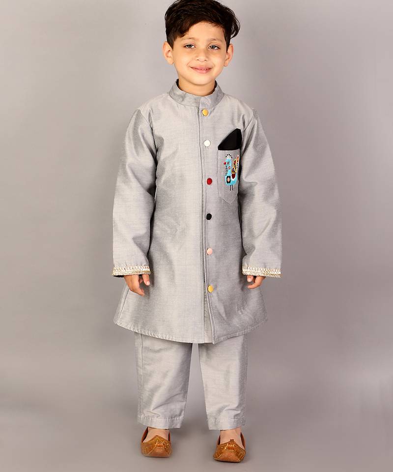 Grey printed cotton silk sherwani set