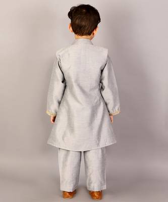 Grey printed cotton silk Boy's Sherwani Set 4