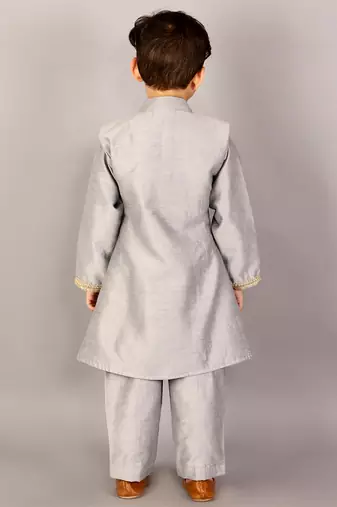 Grey printed cotton silk sherwani set