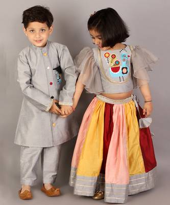 Grey printed cotton silk Boy's Sherwani Set 5