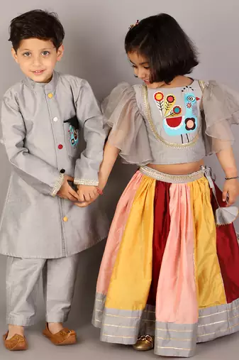 Grey printed cotton silk sherwani set