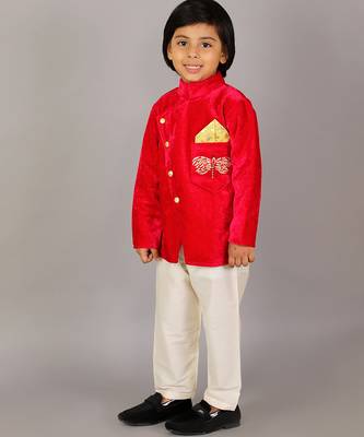 Red printed velvet Boy's Bandhgala and Pant 2