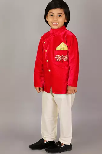 Red printed velvet Boy's Bandhgala and Pant