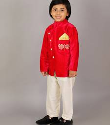 Red printed velvet bandhgala set