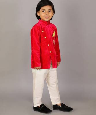 Red printed velvet Boy's Bandhgala and Pant 3