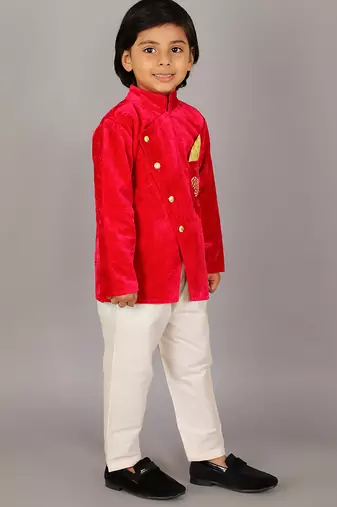 Red printed velvet Boy's Bandhgala and Pant