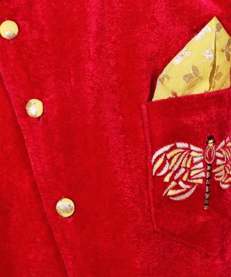 Red printed velvet Boy's Bandhgala and Pant 4