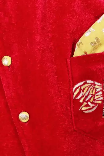 Red printed velvet Boy's Bandhgala and Pant