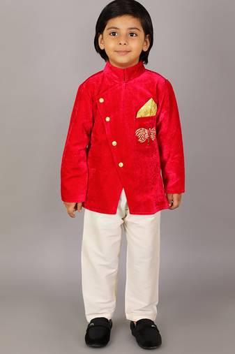 Red printed velvet bandhgala set