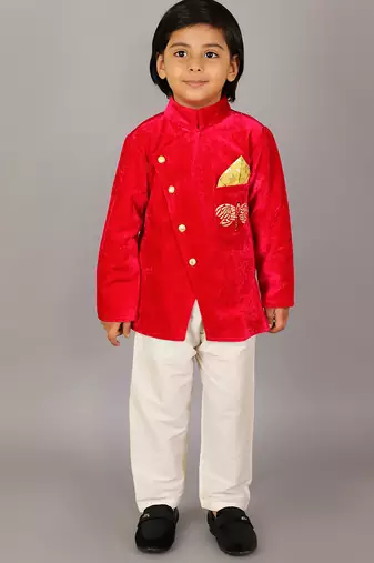 Red printed velvet bandhgala set