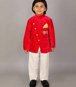 Red printed velvet bandhgala set