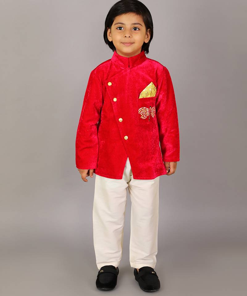 Red printed velvet bandhgala set