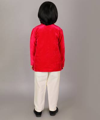 Red printed velvet Boy's Bandhgala and Pant 5