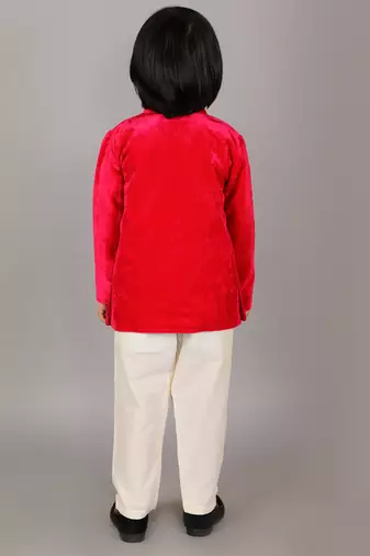 Red printed velvet Boy's Bandhgala and Pant