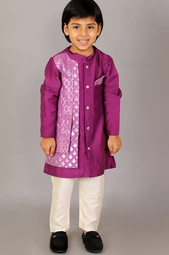 Purple printed cotton silk kurta pyjama