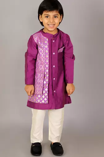 Purple printed cotton silk kurta pyjama