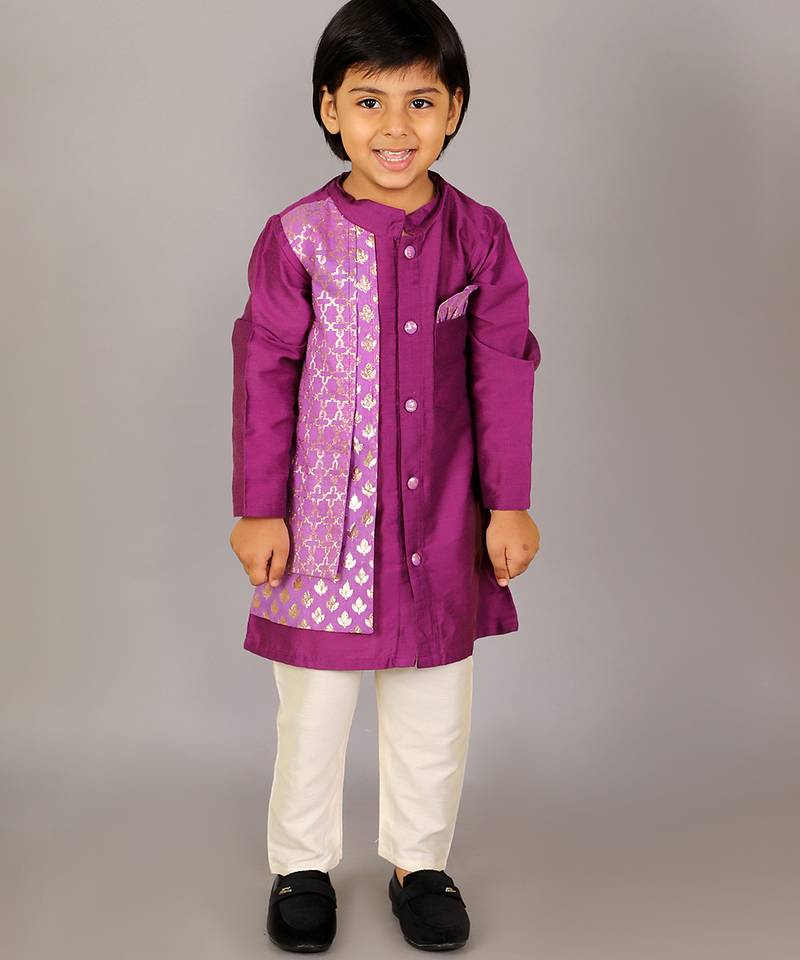 Purple printed cotton silk kurta pyjama