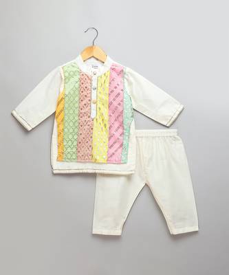 Multicolor printed cotton silk Boy's Kurta Pyjama 1