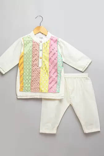 Multicolor printed cotton silk kurta pyjama