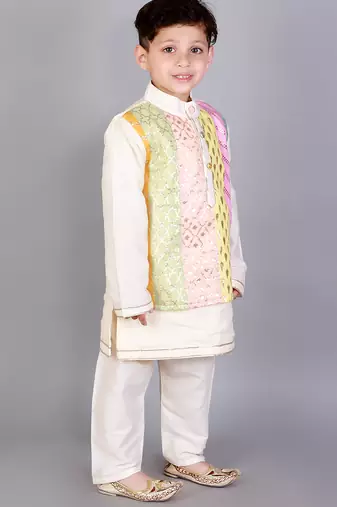 Multicolor printed cotton silk Boy's Kurta Pyjama