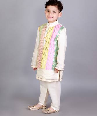 Multicolor printed cotton silk Boy's Kurta Pyjama 4