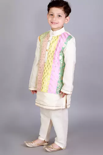Multicolor printed cotton silk Boy's Kurta Pyjama