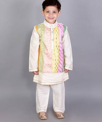 Multicolor printed cotton silk Boy's Kurta Pyjama 5