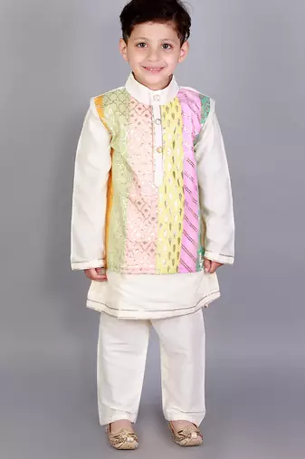 Multicolor printed cotton silk Boy's Kurta Pyjama