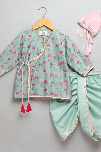 Green printed cotton silk kurta pyjama