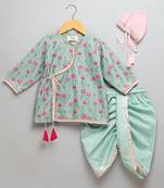 Green printed cotton silk kurta pyjama