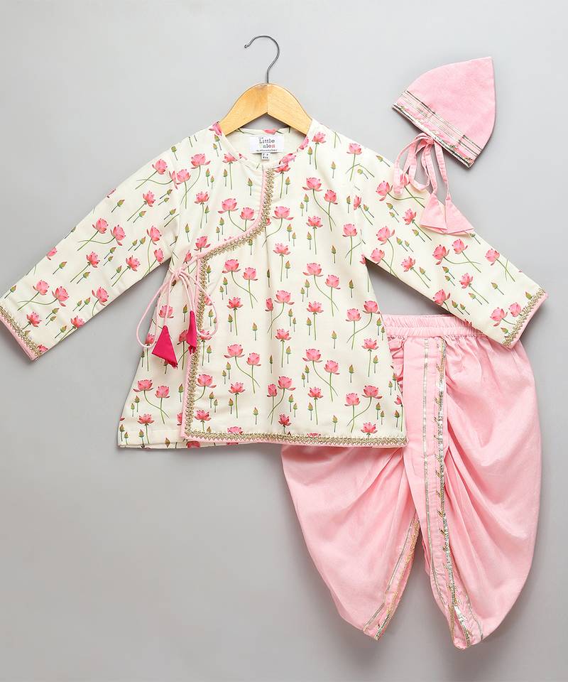 Pink printed cotton silk kurta pyjama