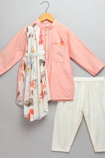 Peach printed cotton silk kurta pyjama