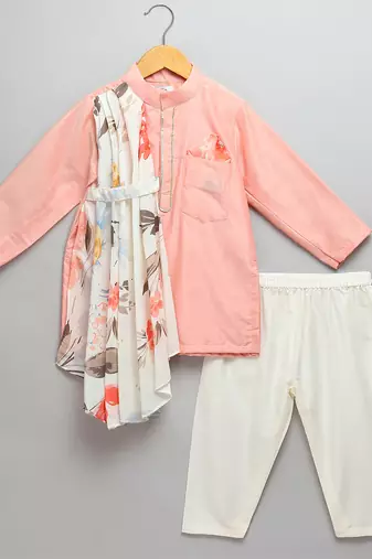 Peach printed cotton silk kurta pyjama