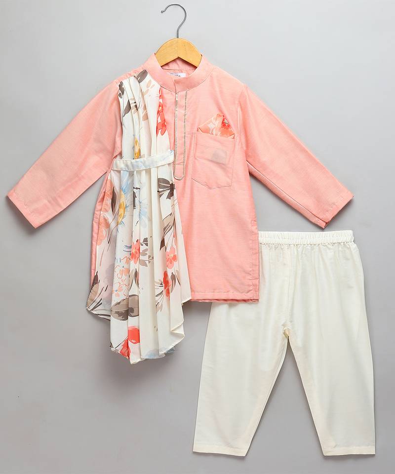 Peach printed cotton silk kurta pyjama
