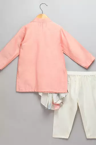Peach printed cotton silk Boy's Kurta Pyjama