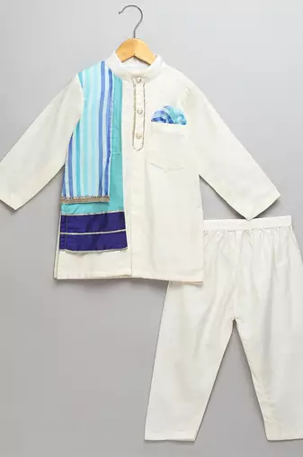 White printed cotton silk kurta pyjama