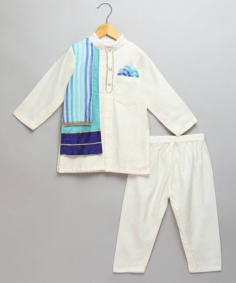 White printed cotton silk kurta pyjama