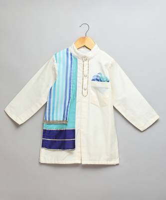 White printed cotton silk Boy's Kurta Pyjama 3