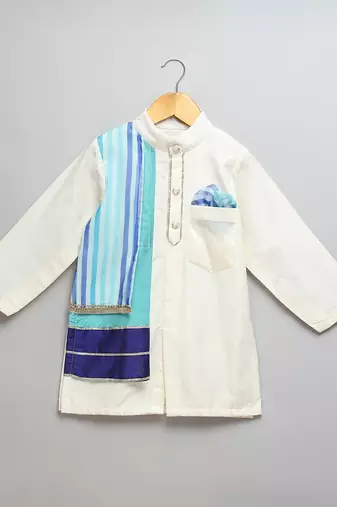 White printed cotton silk Boy's Kurta Pyjama