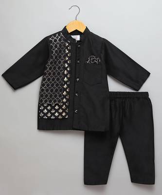 Black printed cotton silk Boy's Kurta Pyjama 1
