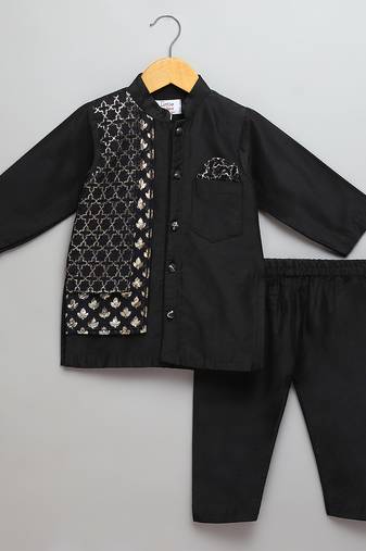 Black printed cotton silk kurta pyjama