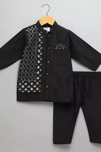 Black printed cotton silk kurta pyjama