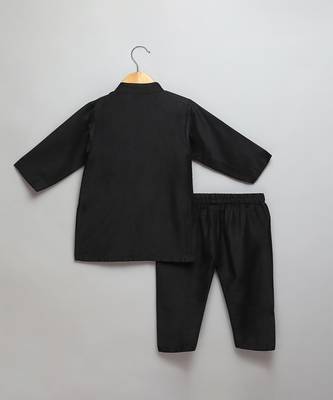 Black printed cotton silk Boy's Kurta Pyjama 2