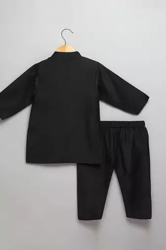 Black printed cotton silk Boy's Kurta Pyjama