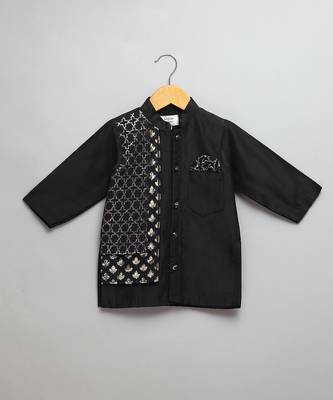 Black printed cotton silk Boy's Kurta Pyjama 3