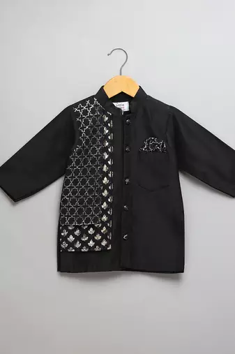Black printed cotton silk Boy's Kurta Pyjama
